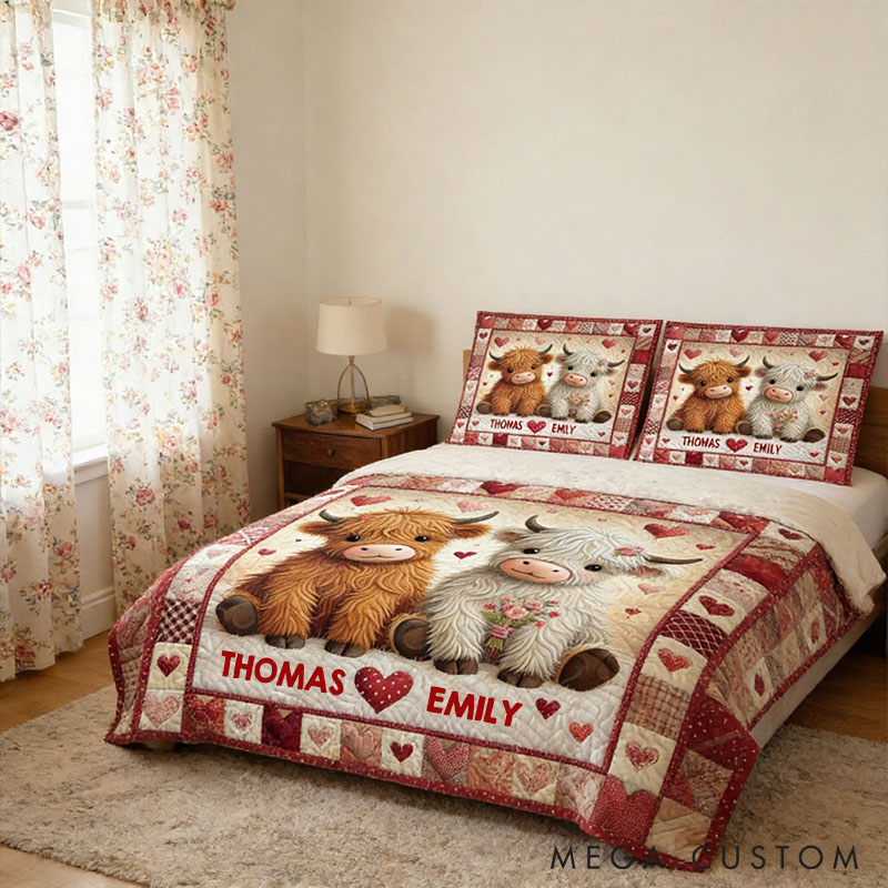 Personalized Couple Highland Cow Bed Set Custom Couple Valentines Day Graphic 3D Printed Bedding Decor with Name Anniversary Gift for Her Him