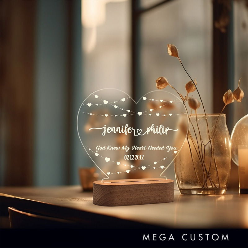 Personalized God Knew My Heart Needed You LED Night Light with Name & Date Heart Shaped Lamp Valentines Day Gift Anniversary Gift for Couple