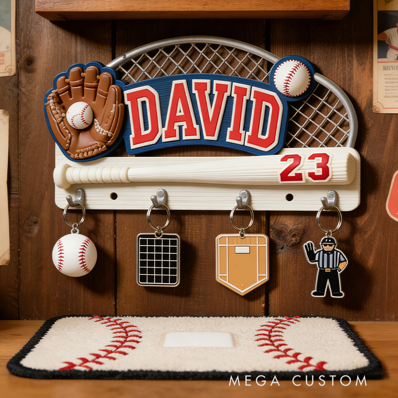 Personalized Custom Baseball Theme Key Holder - 3D Printed Personalized Name & Number Hook Rack, Sports Decor for Kids’ Room, Baseball Fan Gift 