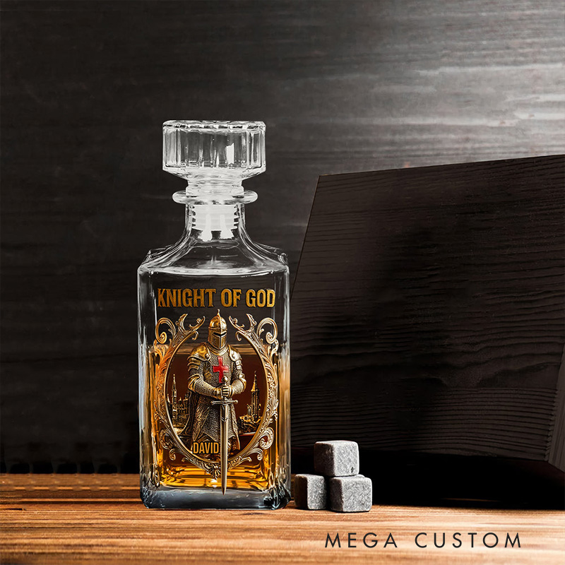 Personalized Knight of God Whiskey Decanter Set with Name Whiskey Glass Whiskey Bottle Religious Gift Christian Gift for Men