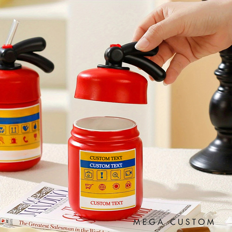 Personalized Custom Fire Extinguisher Shaped Straw Cup - Novelty Kids Water Bottle, Personalized Text Reusable Tumbler, Fun Firefighter Themed Drinkware for Boys/Girls