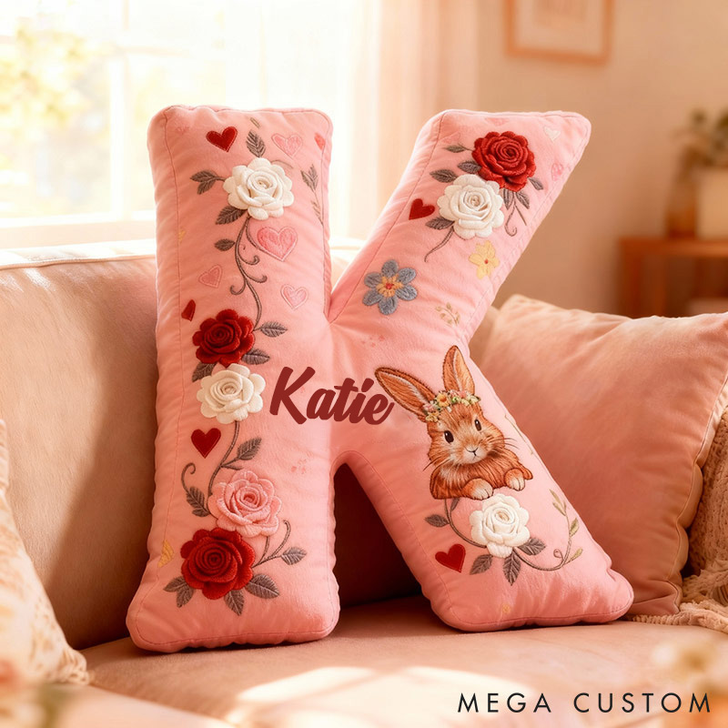 Personalized Girl friend Rose Pink 3D Printed Rabbit Pillow Custom Name Cushion Valentine's Gift for Her Christmas Gift for Flower girl