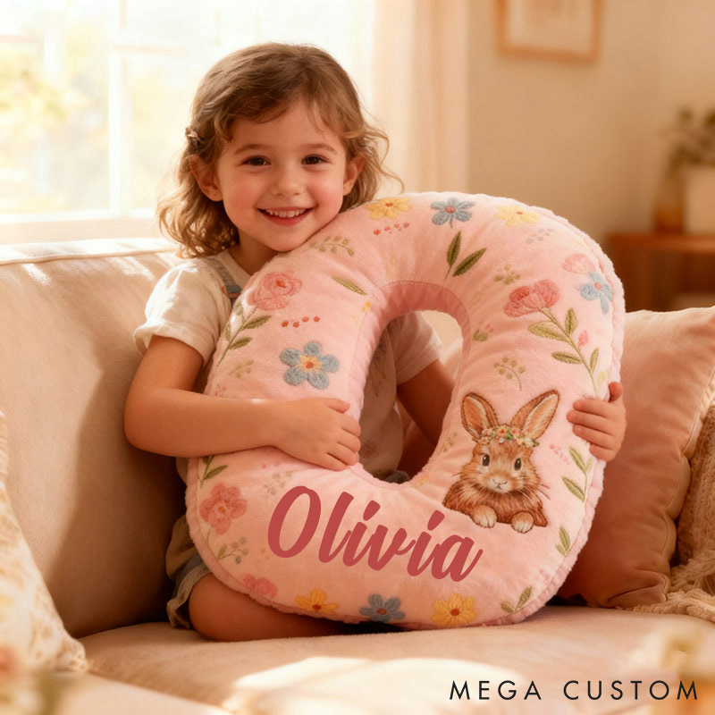 Personalized GirlFriend Flower Floral Rabbit Pink Pillow Custom Name Cushion Valentine's Gift for GirlFriend Christmas Gift for Her for Flower Girl