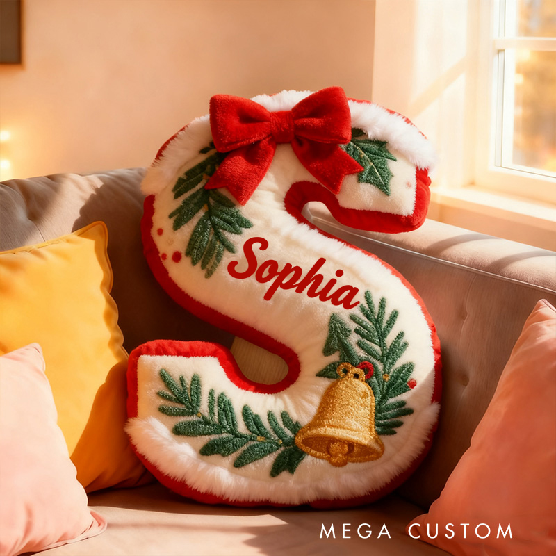 Personalized Christmas Letter Name Custom Kids Gift Festive Red Bow Holiday Cozy Decorative Graphic 3D Print Pillows