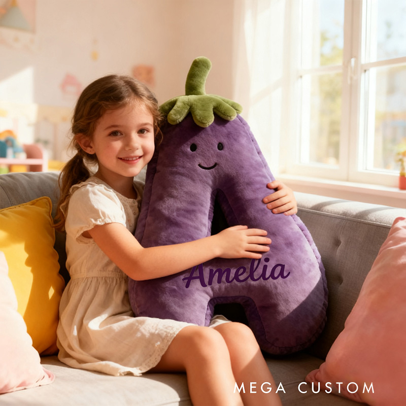 Personalized Eggplant Letter Name Custom Kids Gift Funny Purple Vegetable Soft Cute Decorative Graphic 3D Print Pillow Funny Gift for Kids Family