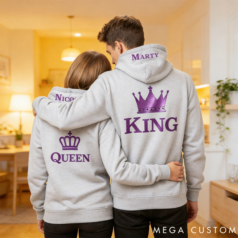 Personalized Couple Purple King and Queen with Crown Matching Hoodie Custom Couple Sweatshirt with Name Anniversary Gift Valentine's Day Gift