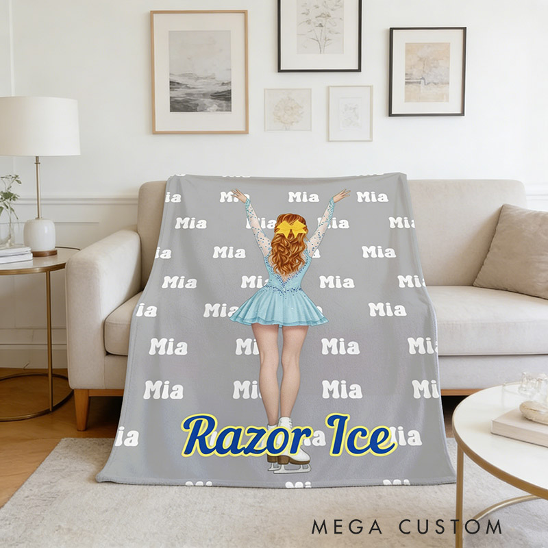 Personalized Figure Skating Cartoon Character Multicolor Soft Throw Blanket with Name Daily Training Match Day Team Gift for Figure Skaters and Coaches