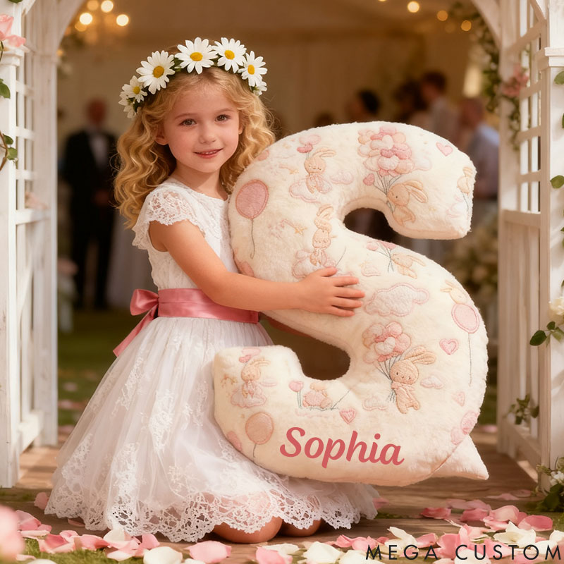 Personalized Flower Girl Graphic 3D Print Rabbit Heart Balloon 26 Letter Pillow Custom Girl Name Cushion Wedding Gift for Girl Christmas Gift for Her