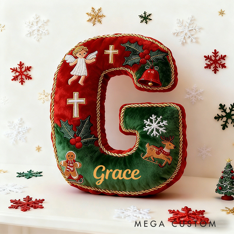 Personalized Christmas Letter Pillow with Custom Name Christmas Tree Angel Cross Bell Reindeer Festive Home Decor Graphic 3D Print Christian Gift