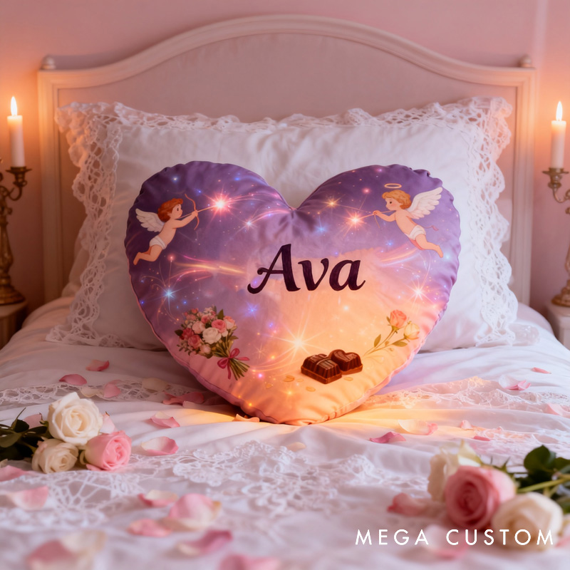 Personalized Cupid Cartoon Heart-Shaped Pillow with Name Soft Stuffed Toy for Kids and Lover Unique Decorative Cushion for Room for Valentine's Day Anniversary