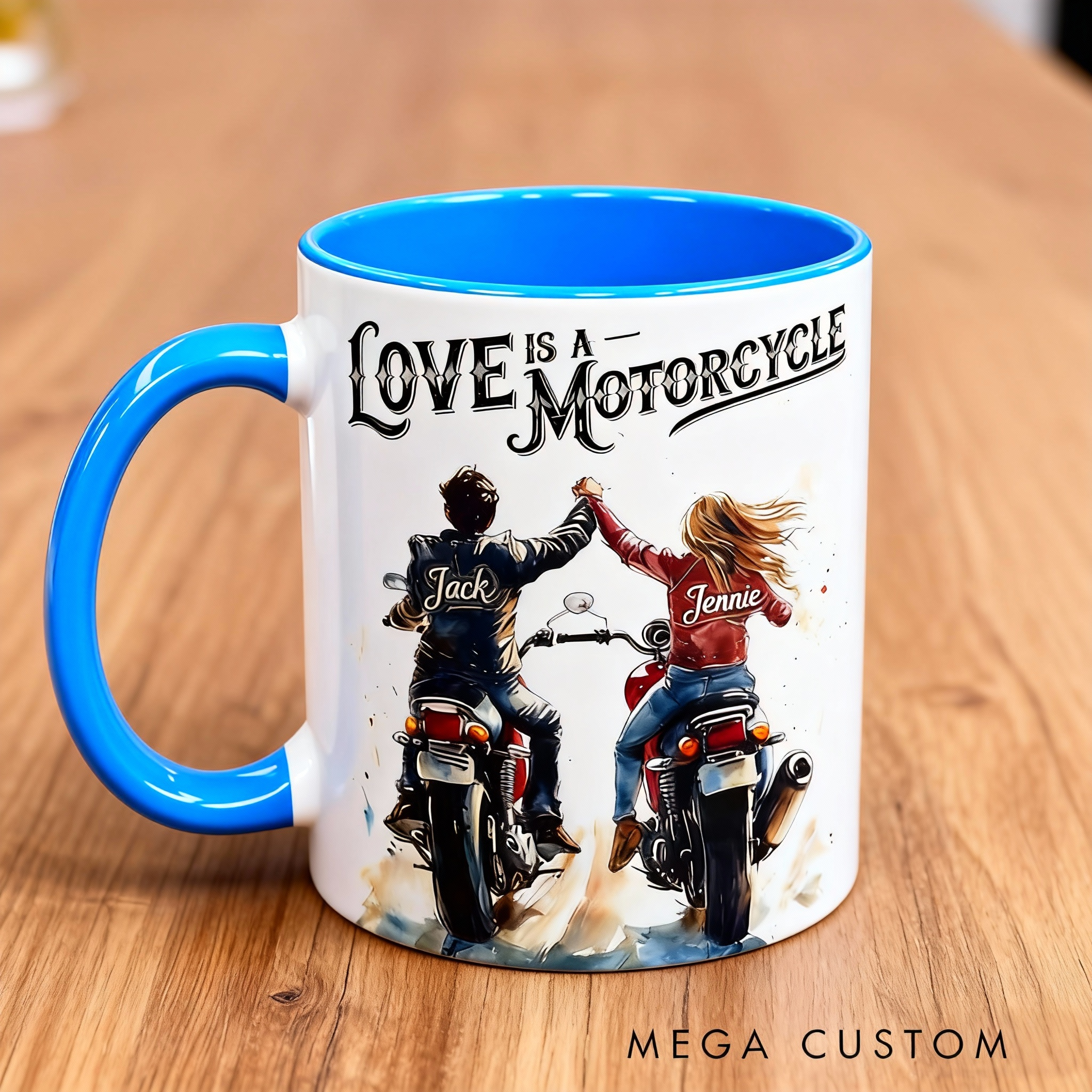 Personalized Love is a Motorcycle Mug Custom Name Biker Couple Coffee Cup Watercolor Romantic Gift for Motorcycle Lovers