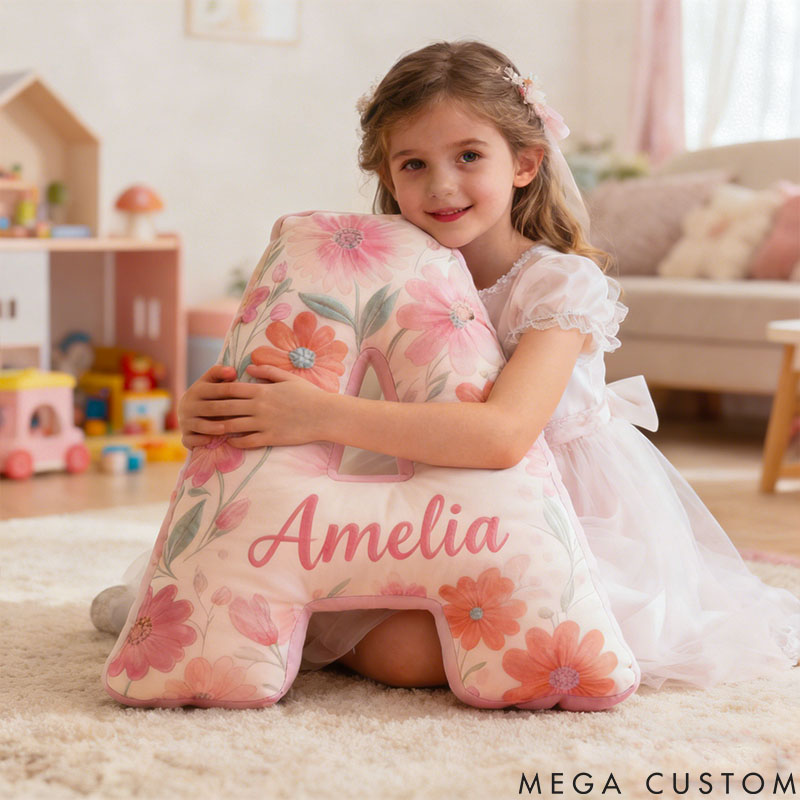 Personalized Flower Girl Pink Colorful Floral 26 Letters Pillow Custom Girl friend Graphic 3D Printed Cushion Christmas Valentine's Day Gift for Her