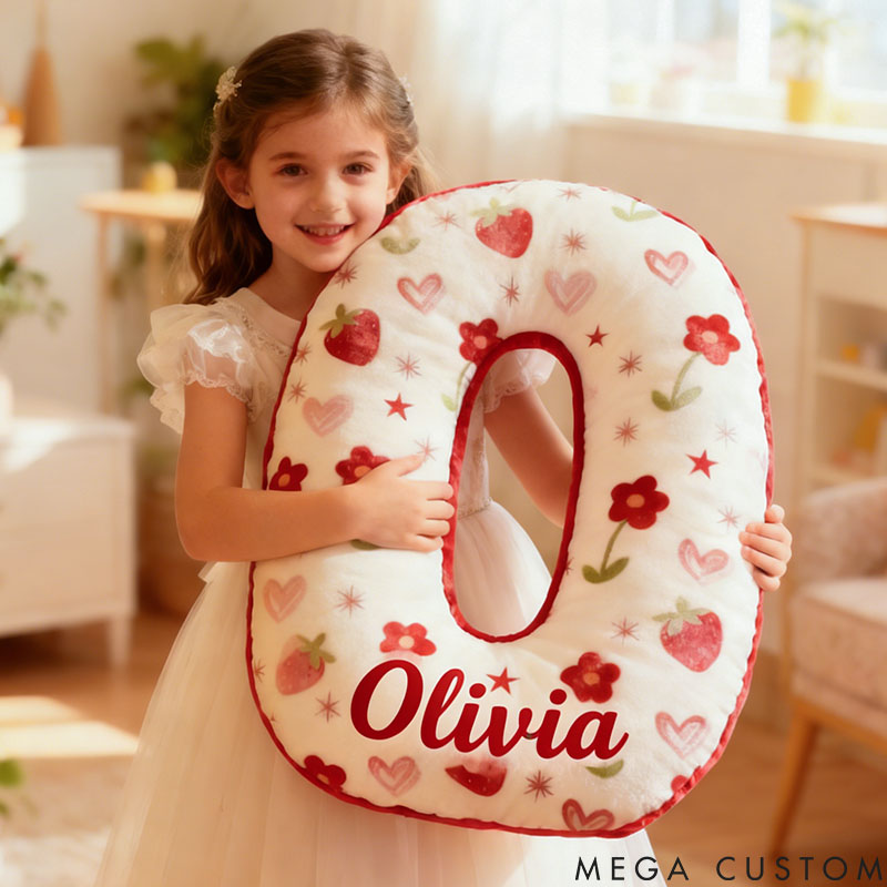 Personalized Flower Girl Floral Strawberry Heart Graphic 3D Printed Pillow Custom Girl friend Name Cushion Valentine's Day Gift Christmas Gift for Her