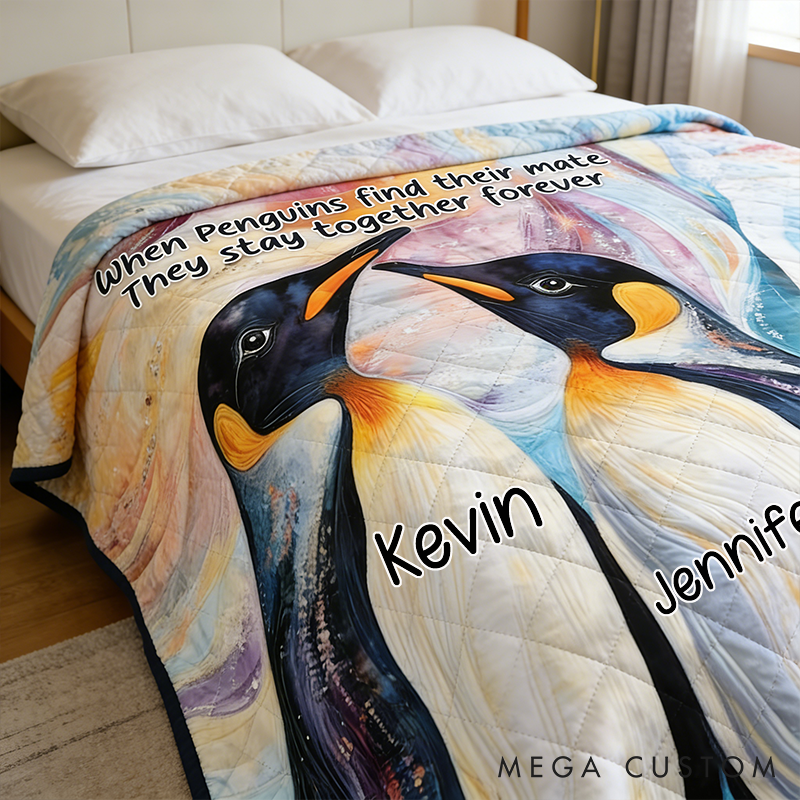 Personalized Penguin Couple Throw Blanket Custom Names Cozy Gifts for Couple for Wife Husband Valentine's Gifts for Girlfriend Boyfriend