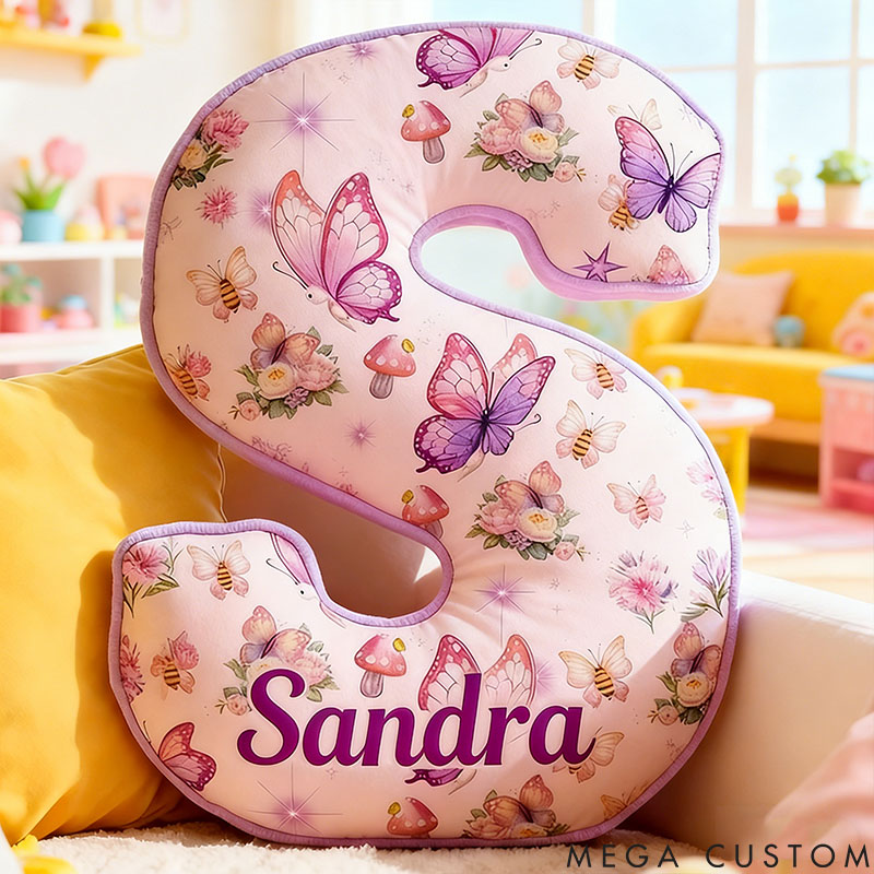Personalized Flower Girl Purple Floral Butterfly Mushroom 26 Letters Pillow Girl friend Name Graphic 3D Printed Cushion Valentine's Day Gift for Her
