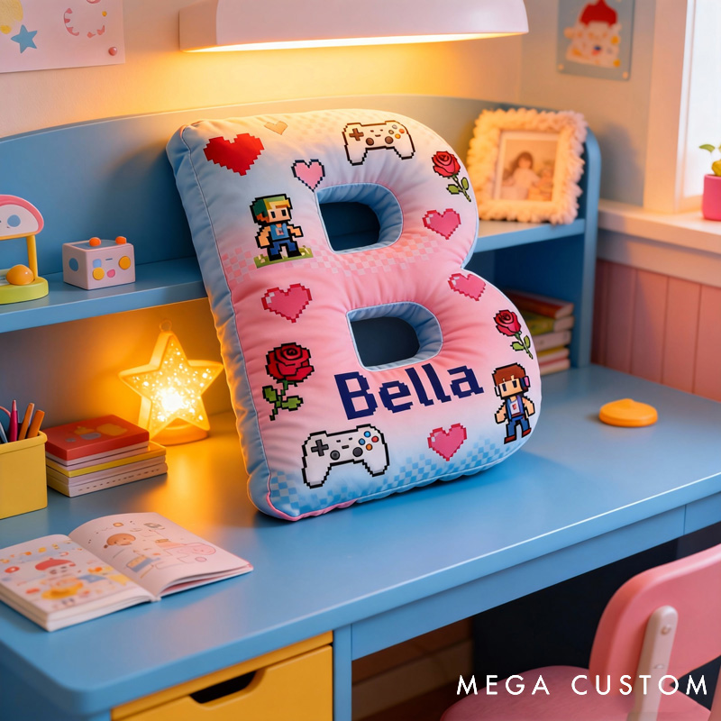 Personalized Game Controller Pixels Letter Pillow with Name Perfect Gift for Gamers and Kids for Valentine's Day Anniversary Confession birthday