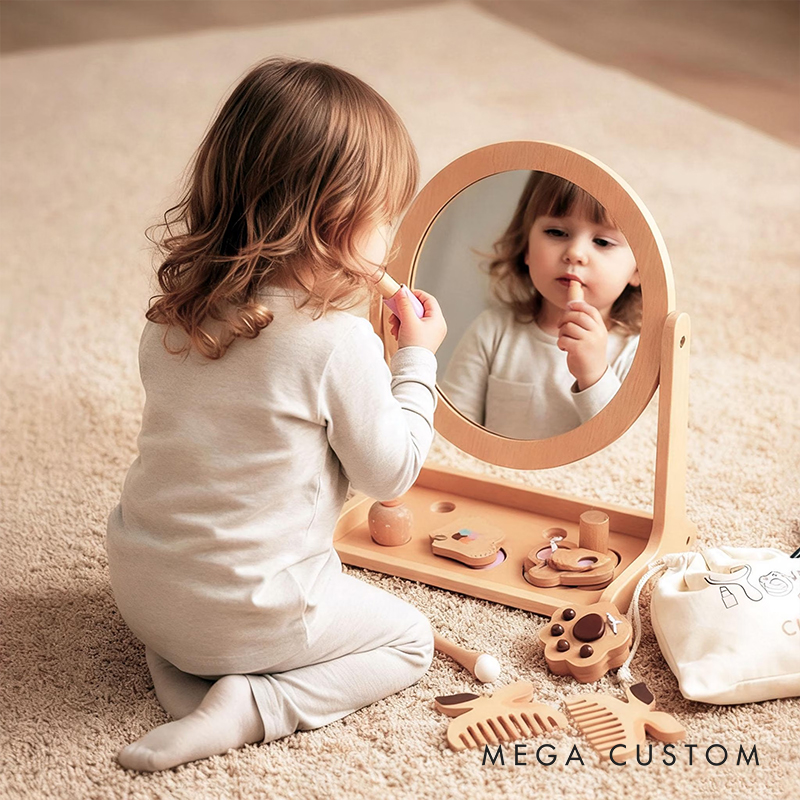 Personalized Wooden Kids Makeup Toy Set Pretend Play Hair Salon Customizable Name Gift for Babies Toddlers