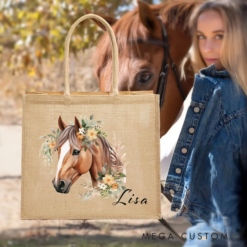 Personalized Floral Horse Reuseable Jute Tote Bag with Name Birthday Christmas Gift for Riding Lovers Equestrian Lovers