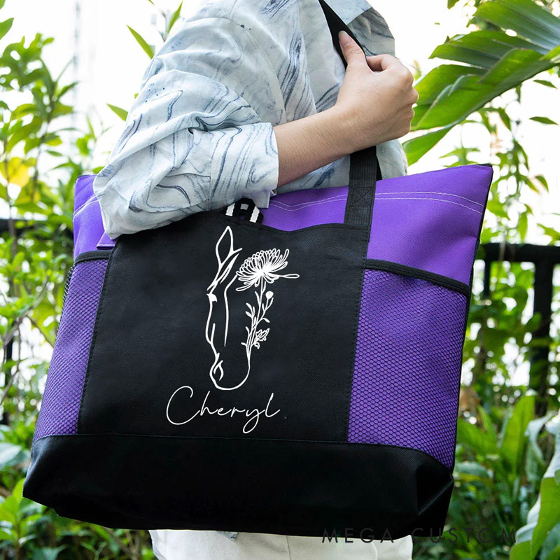 Personalized Horse Birth Flower Oxford Large Tote Bag with Name Travel Essentials Birthday Gift for Riding Lovers