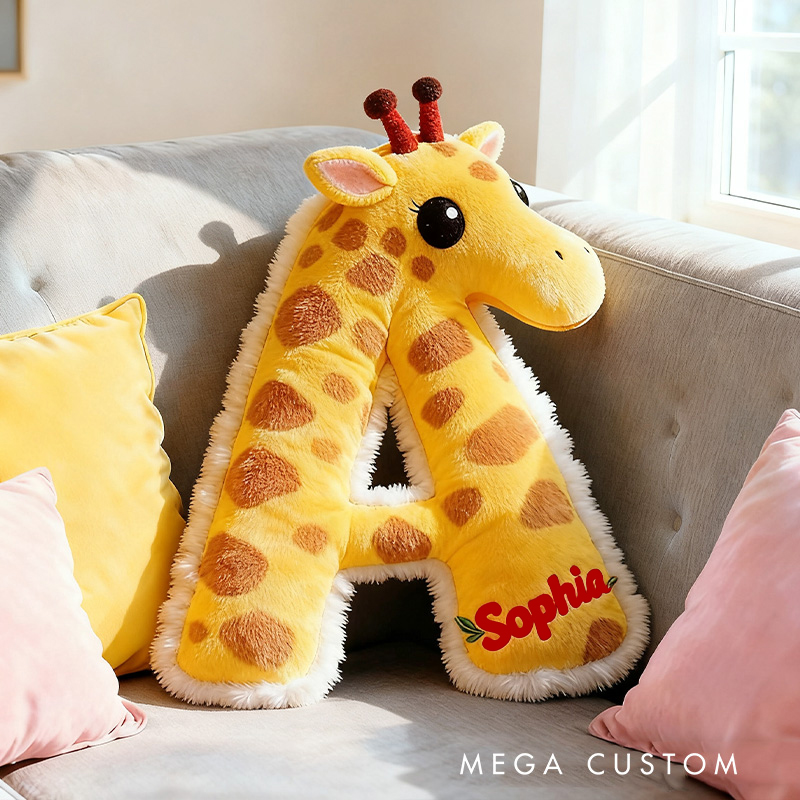 Personalized Giraffe Letter Name Custom Kids Gift Cute Animal Yellow Soft Cozy Decorative Graphic 3D Print Pillows