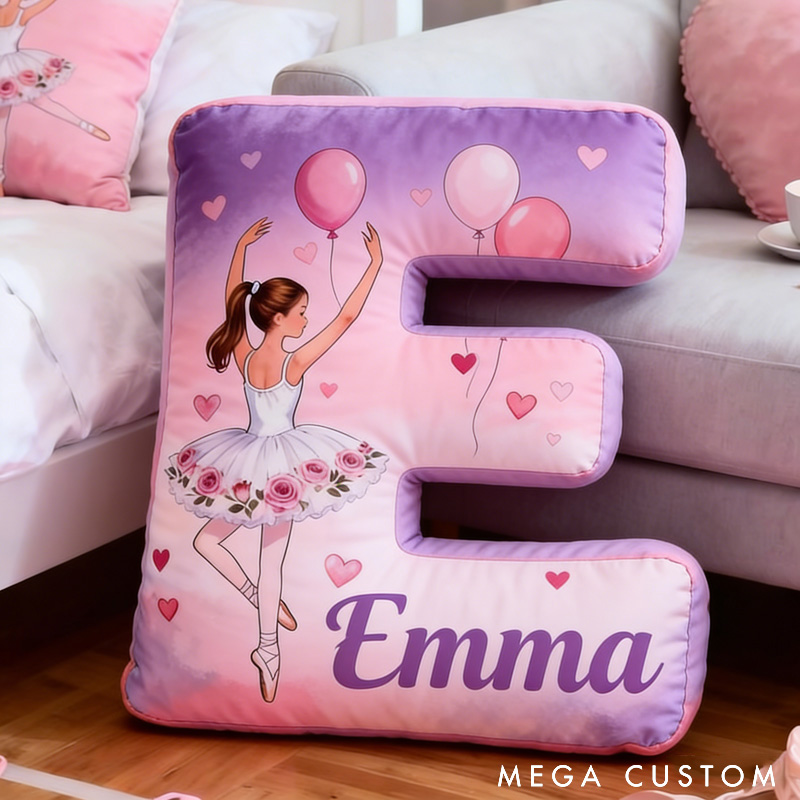 Personalized Ballet Dancers Hearts and Balloons Letter Pillow with Name Soft Stuffed Toy for Kids and Lover Unique Decorative Cushion for Girls' Room for Valentine's Day Anniversary