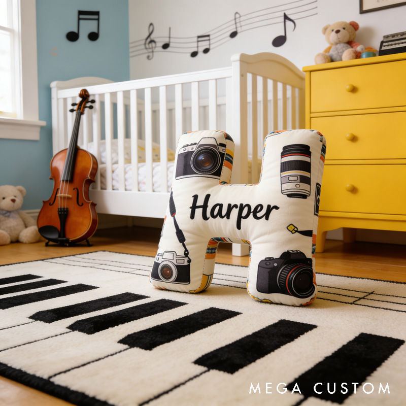 Personalized Camera Letter Pillow with Your Own Name and Initials Soft Stuffed Toy for Kids and Photographers Unique Decorative Cushion for Room and Studio