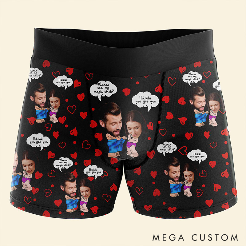 Personalized Couple Face Matching Boxer Brief Men Women Wanna See My Magic Stick Underwear with Couple Face Photo Valentines Day Gift for Him Her