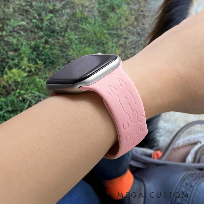 Personalized Engraved  Horse Face Silhouette Avatar Silicone Multicolor Watch Band for Equestrian Riding Lovers