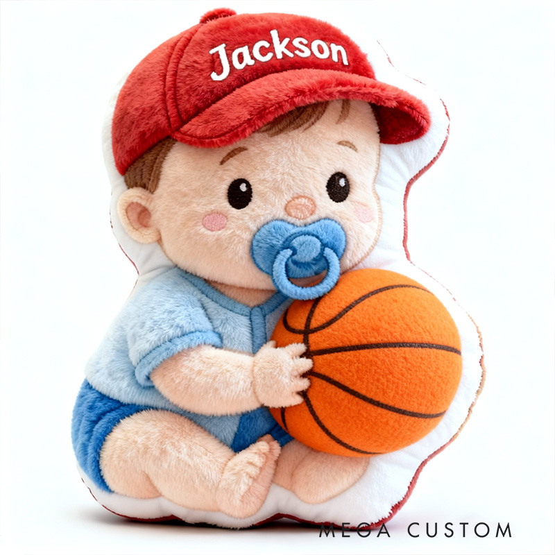 Personalized Baby Boy Name Custom Kids Gift Cute Red Hat Balls Blue Outfit Soft Playful Decorative Graphic 3D Print Pillow