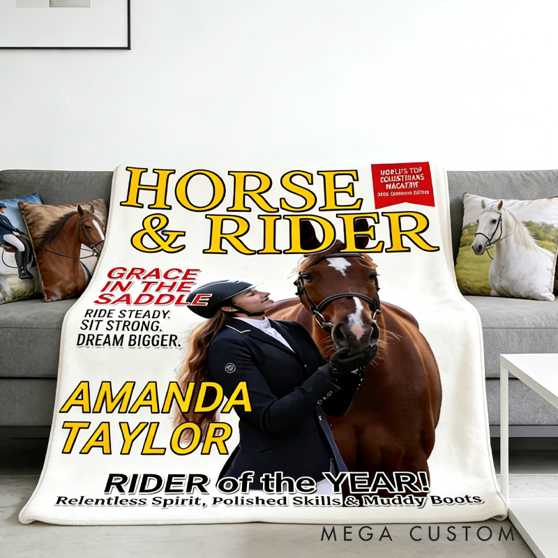 Personalized Custom Photo Magazine Cover Blanket Equestrian Gifts for Riding Lovers Equestrian Lovers