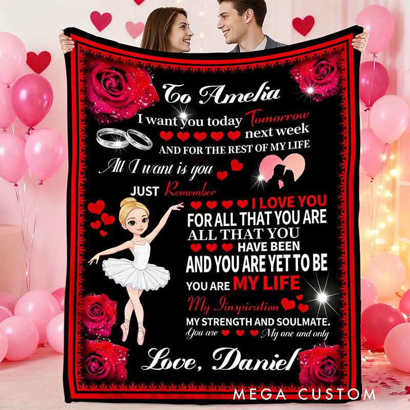 Personalized Rose Heart Cartoon Character Soft Throw Blanket with Name and Photo Valentine's Day Anniversary Gift Gift for Ballet Dancer Family Lover Friends