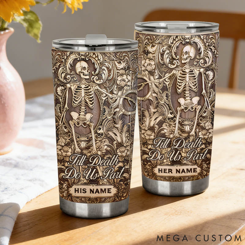 Personalized Till Death Do Us Part Skeleton Couple Tumbler Custom Gothic Couple Tumbler Imitation 3D Print Tumbler for Couple