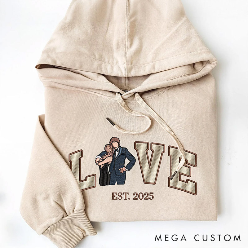 Personalized Couple Embroidered Photo Portrait Matching Sweatshirts Custom Couple LOVE Hoodie with Text Valentine's Day Gift Anniversary Gift