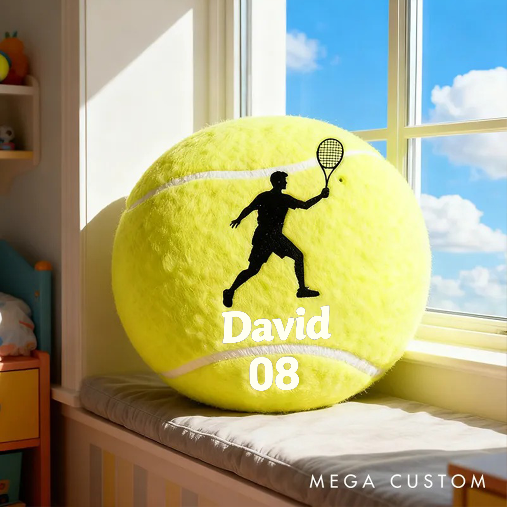 Personalized Tennis Ball Pillow with Player Graphic and Custom Details for Sports Fans