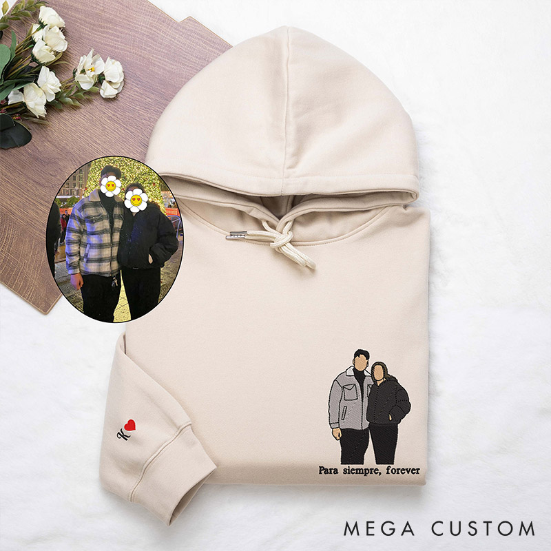 Personalized Couple Embroidered Photo Portrait Matching Sweatshirts Custom Couple Hoodies with Text Valentine's Day Gift Anniversary Gift for Him Her