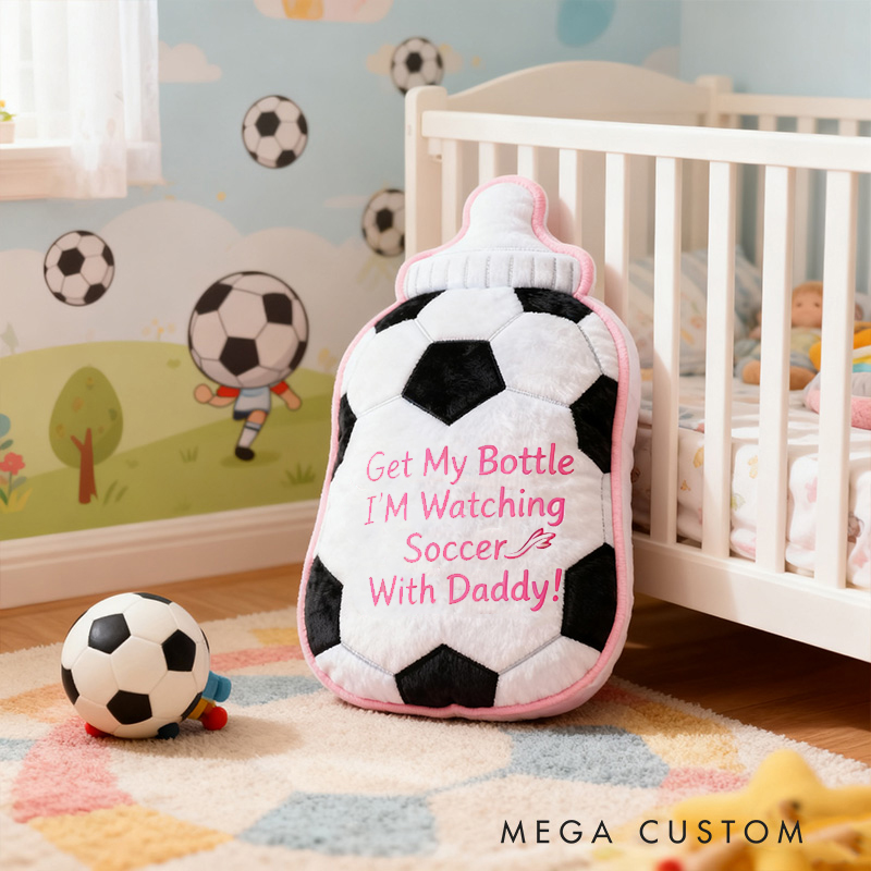 Personalized Soccer Bottle Name Custom Baby Gift Blue Pink Fun Sports Watching Soccer With Daddy Soft Decorative Graphic 3D Print Pillow