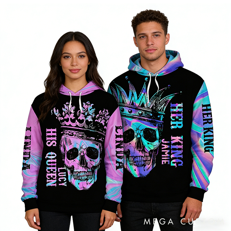 Personalized Skull Color Beauty King And Queen Matching 3D Hoodie Custom Name All Over Print Valentine Gift for Couple 