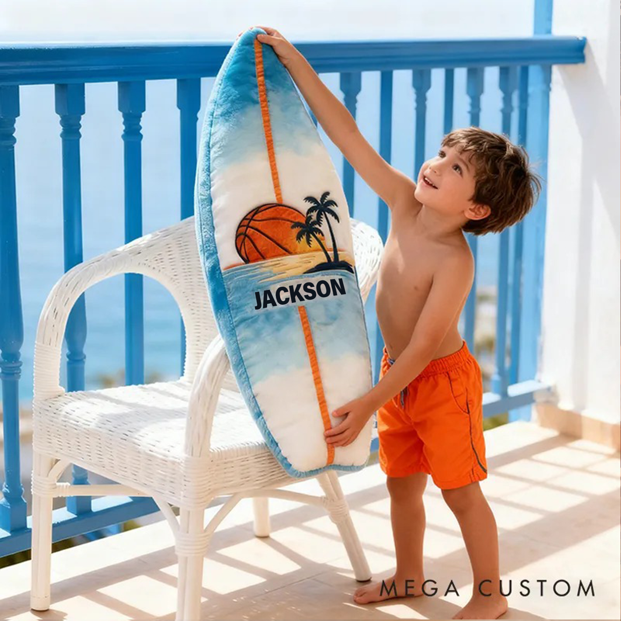 Personalized Surfboard Basketball Pillow with Custom Name for Beach Lovers and Basketball Lovers