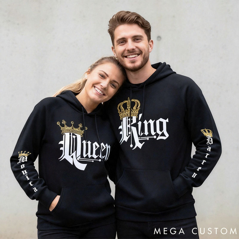 Personalized Couple Royal King and Queen with Crown Matching Hoodie Custom Couple Sweatshirt with Name Anniversary Valentine's Day Gift for Him Her