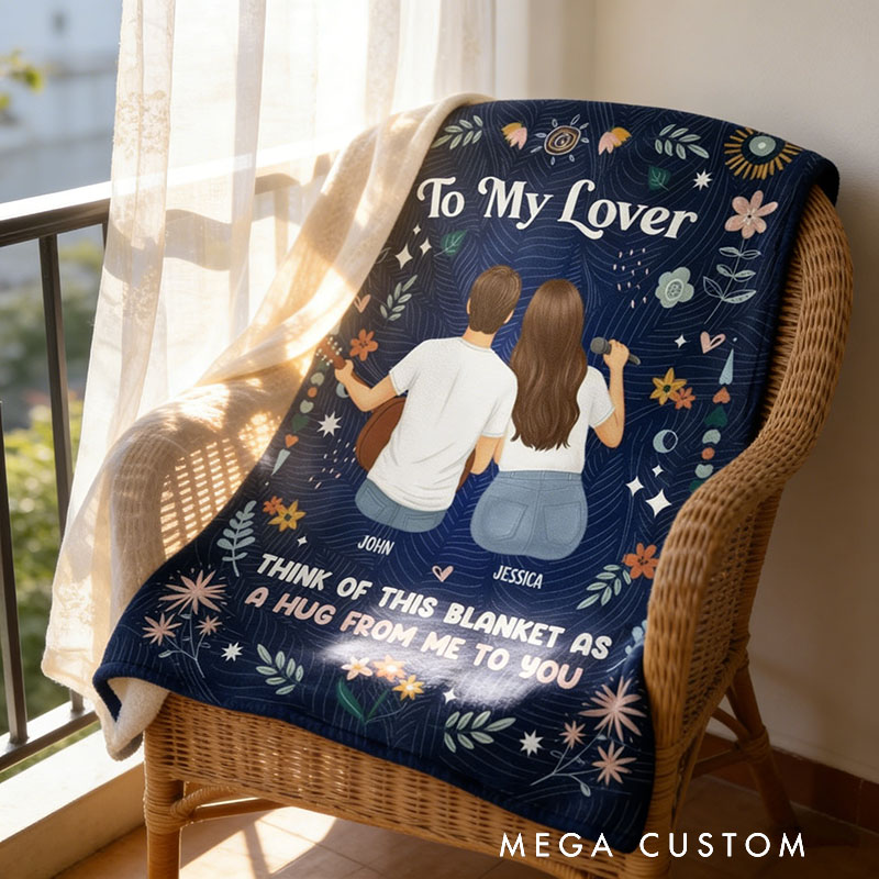 Personalized Cartoon Lover Blanket 'A Hug From Me To You' Custom Photo and Name Gift for Couple Familys Friends Music Lovers for Valentine's Day Anniversary