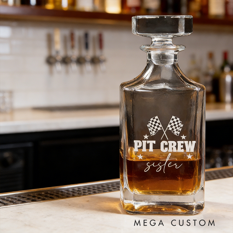 Personalized Racing Gifts Custom Whiskey Decanter and Glass Set with Engraved Name and Text for Car and Whiskey Lovers