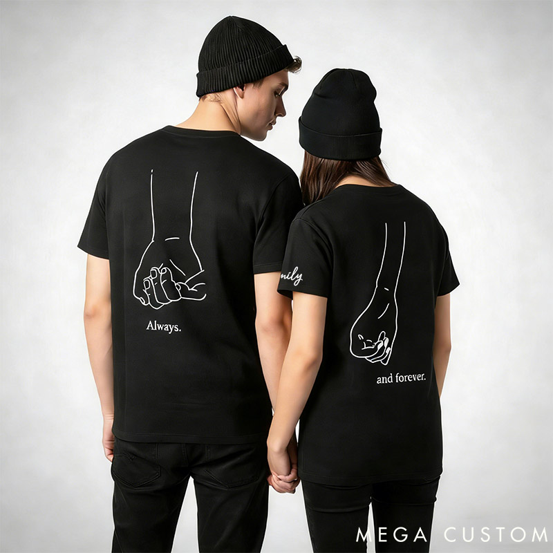 Personalized Couple Always and Forever Matching T-Shirts with Name Custom Couple Line Holding Hands Shirts Tee Anniversary Gift Valentine's Day Gift