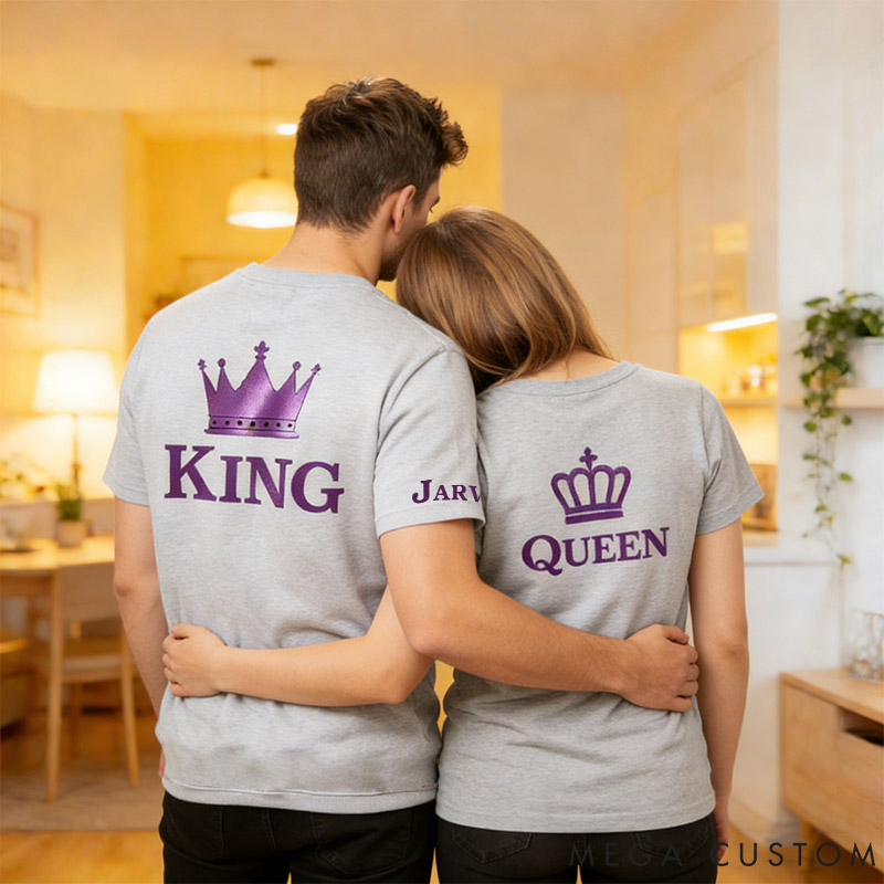 Personalized Couple Purple King and Queen with Crown Matching T-Shirts Custom Couple Shirts Tee with Name Anniversary Gift Valentine's Day Gift