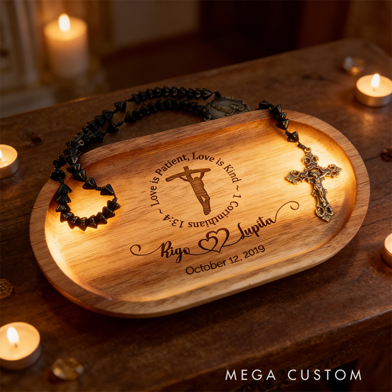 Personalized Love is Patient Wooden Rosary Tray Jewelry Holder with Custom Name and Date Religious Gift Anniversary Wedding Gift Catholic Gift