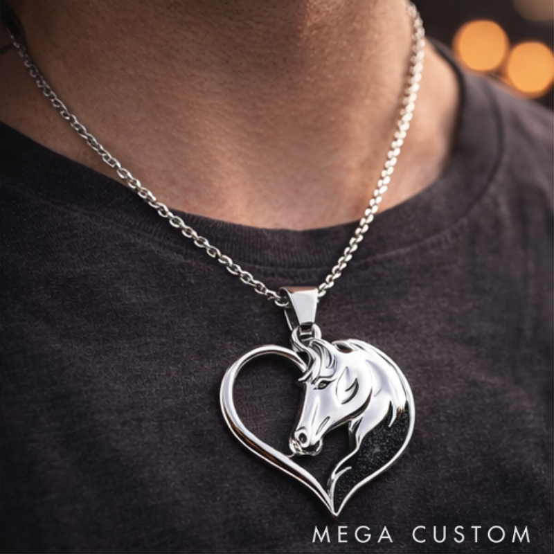 Personalized Horse Head Heart Pendant Necklace Custom Name Unique Holiday Gift for Couples