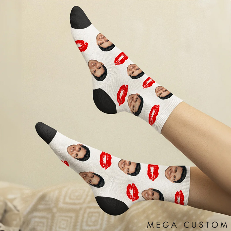 Personalized Couple Photo Portrait Red Lip Print Socks Custom Girlfriend Boyfriend Portrait Socks Valentines Day Gift for Him Her Anniversary Gift