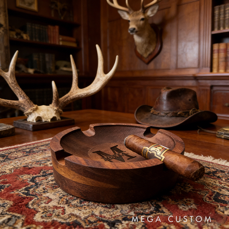 Personalized Custom Engraved Wooden Cigar Ashtray – Premium Solid Wood 4-Slot Ashtray