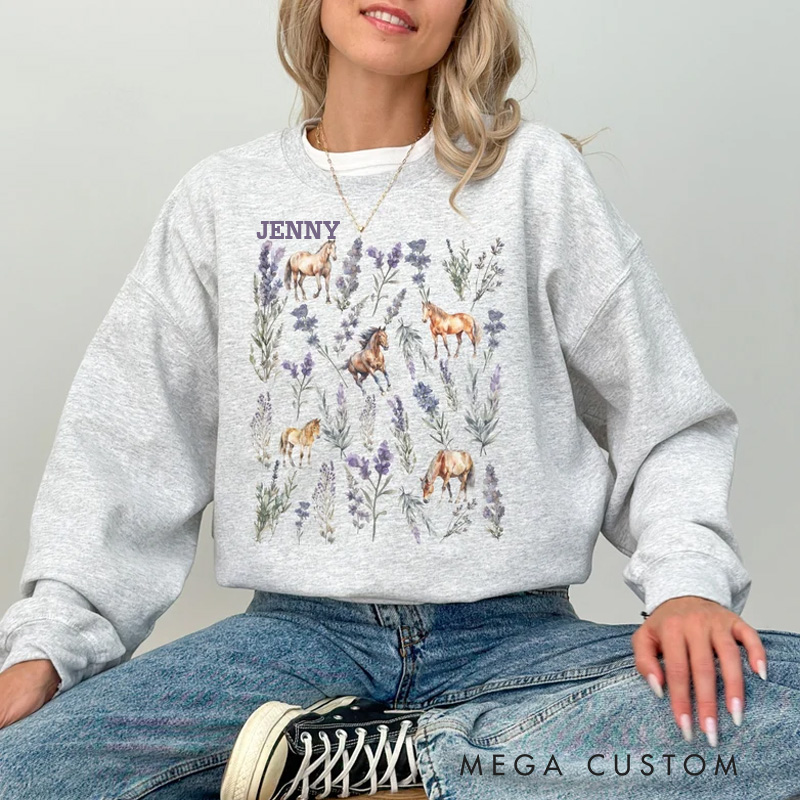 Personalized Floral Horse Sweatshirt Lavender Horse Girl Sweater Lilac Flower Crewneck Floral Equestrian Shirt Horseback Riding for Riding Lovers