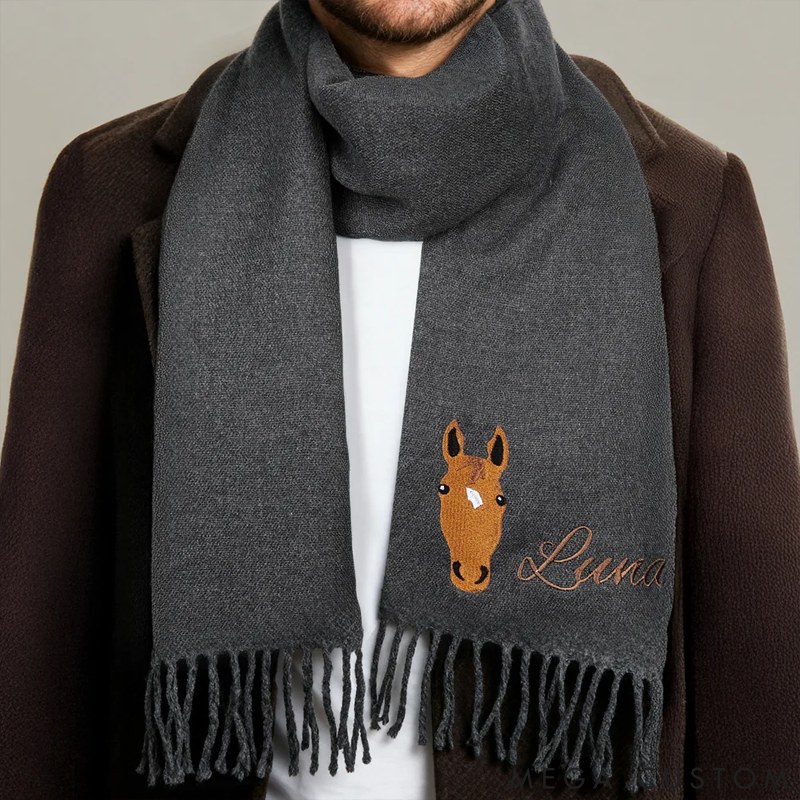 Personalized Pet Lover Pet Embroidered Horse Face Silhouette Soft Warm Scarf Shawl with Name Birthday Gift for Couple
