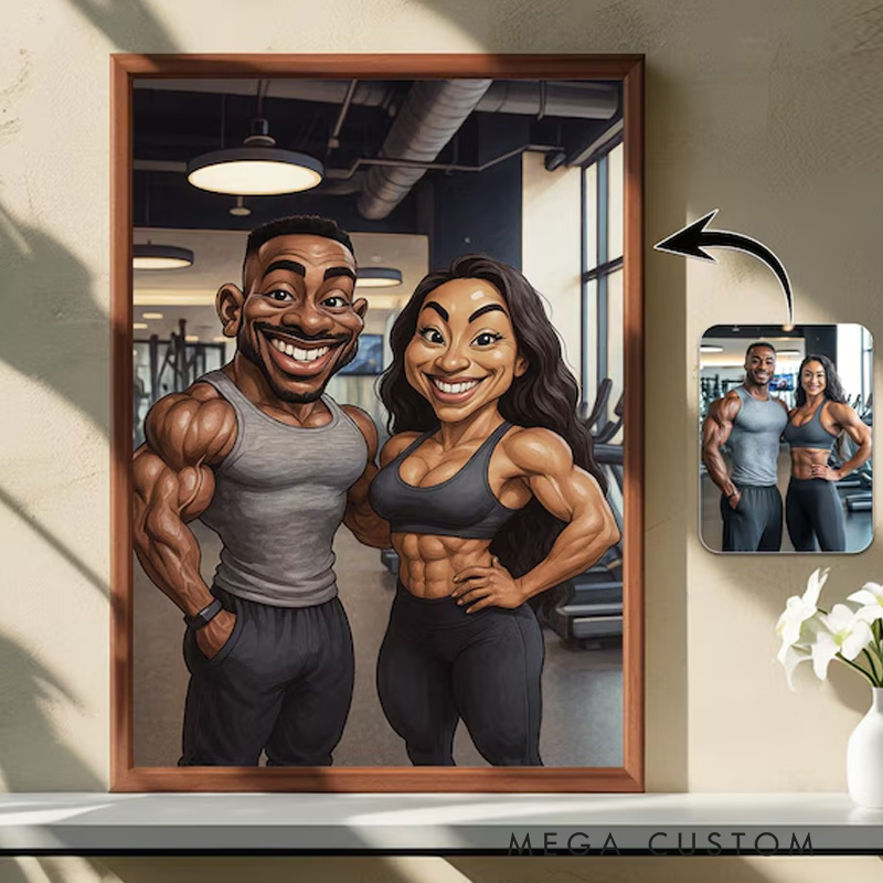 Personalized Gym Lover Couple Portrait Fitness Gifts Cartoon Weightlifter Portrait Bodybuilding Poster Fitness Gym Weightlifting Gym Gift ideas for Gym Lovers